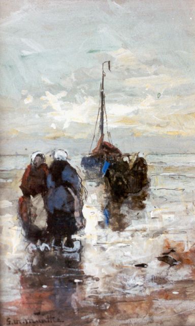 Morgenstjerne Munthe | Fisherwomen on the beach, Katwijk, watercolour and gouache on paper, 18.6 x 11.3 cm, signed l.l. and on the reverse and dated l.l. and on the reverse