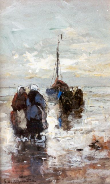 Munthe G.A.L.  | Fisherwomen on the beach, Katwijk, watercolour and gouache on paper 18.6 x 11.3 cm, signed l.l. and on the reverse and dated l.l. and on the reverse