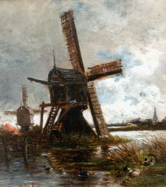 Roelofs W.  | Smockmills along a canal, oil on panel 14.5 x 12.9 cm, signed l.l. and dated '56