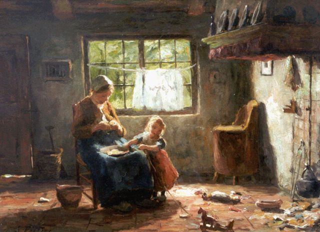 Pieters E.  | Interior with mother and child, oil on panel 26.6 x 36.0 cm, signed l.l.