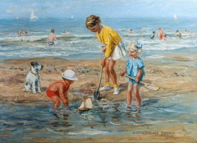 Jan Zoetelief Tromp | Children playing on the beach of Katwijk, oil on canvas, 35.5 x 50.8 cm, signed l.r.