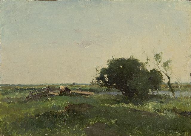 Knikker A.  | A Dutch meadow landscape with a windmill, oil on canvas laid down on painter's board 22.5 x 31.0 cm, signed l.r.