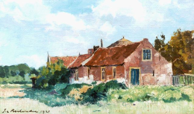 Jan Roelandse | Farmhouses, oil on canvas laid down on panel, 23.4 x 38.5 cm, signed l.l. and dated 1921