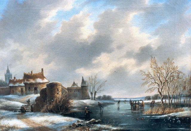Hendriks G.  | Skaters on a frozen waterway, oil on canvas 42.2 x 56.3 cm
