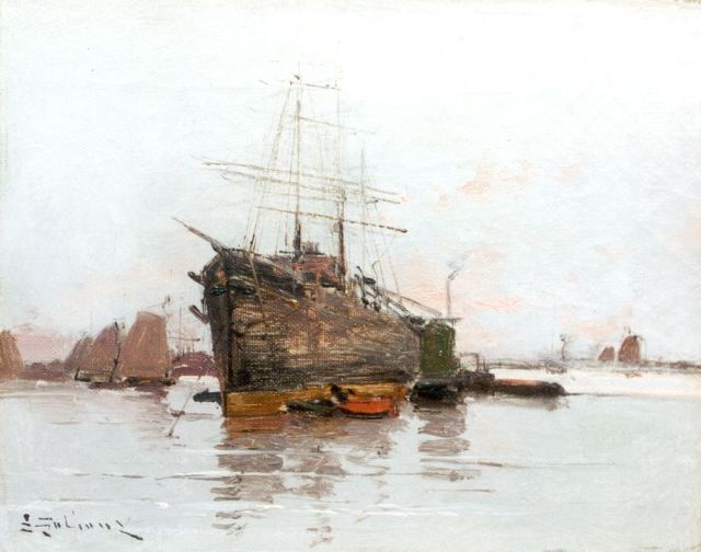 Galien-Laloue E.  | A French harbour, oil on canvas 19.3 x 24.2 cm, signed l.l.