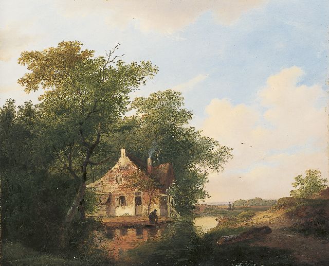 Stok J. van der | A farmer's house and fisherman near a canal, oil on panel 41.8 x 50.7 cm, dated 1826