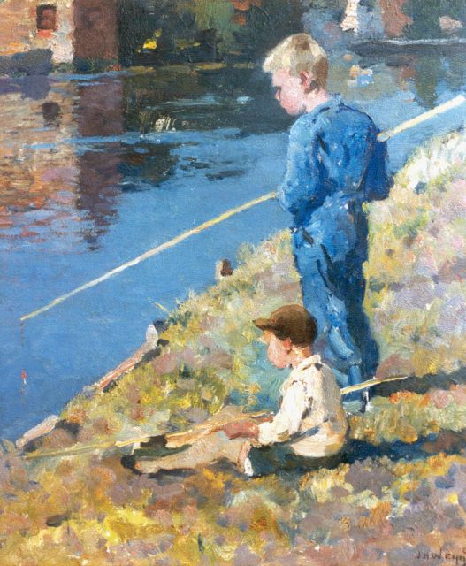 Jan Harm Weijns | Anglers from Katwijk, oil on painter's board, 39.5 x 34.2 cm, signed l.r. and on the reverse