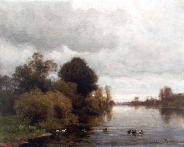 Julius Jacobus van de Sande Bakhuyzen | A river landscape, oil on canvas laid down on panel, 37.2 x 45.2 cm, signed l.r.