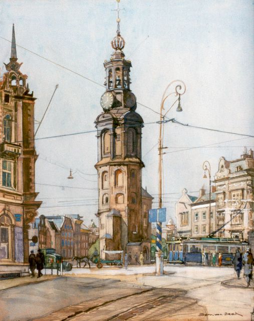 Sam van Beek | A view of the 'Munttoren, Amsterdam, pencil and watercolour on board, 43.0 x 34.4 cm, signed l.r. and dated aug. '43