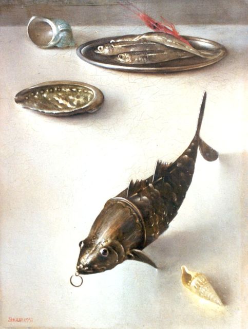 Shoup C.  | A still life with shells and bait, oil on panel 22.6 x 17.3 cm, signed l.l. and dated 1951