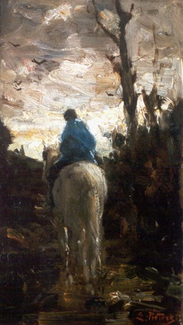 Pieters E.  | Trekpaard met ruiter op weg naar huis, oil on panel 32.1 x 19.4 cm, gesigneerd r.o.