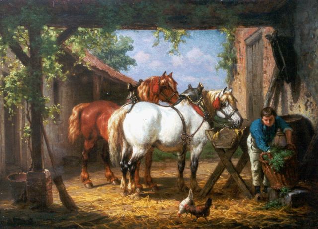 Willem Johan Boogaard | Feeding the horses, oil on panel, 30.1 x 41.2 cm, signed l.l.