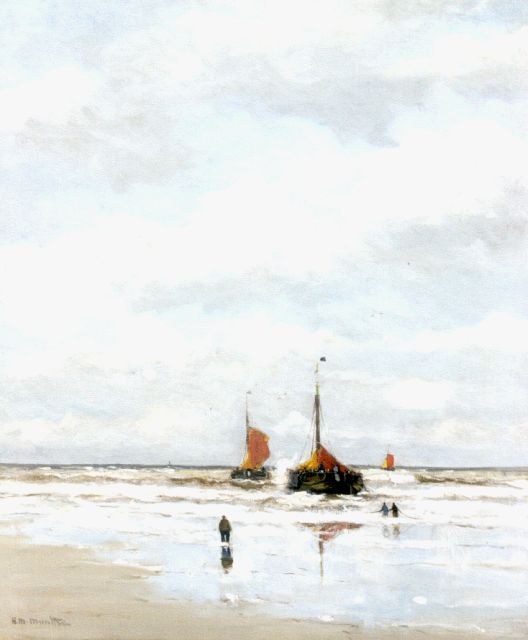 Munthe G.A.L.  | 'Bomschuiten' in the surf, oil on canvas 76.2 x 63.5 cm, signed l.l.