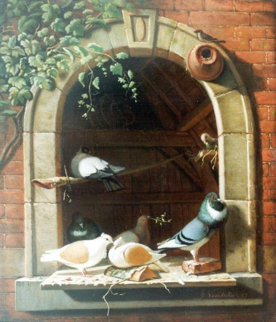 Voordecker H.  | Pigeons on a windowstill, oil on panel 29.3 x 24.8 cm, signed l.r. and dated '47