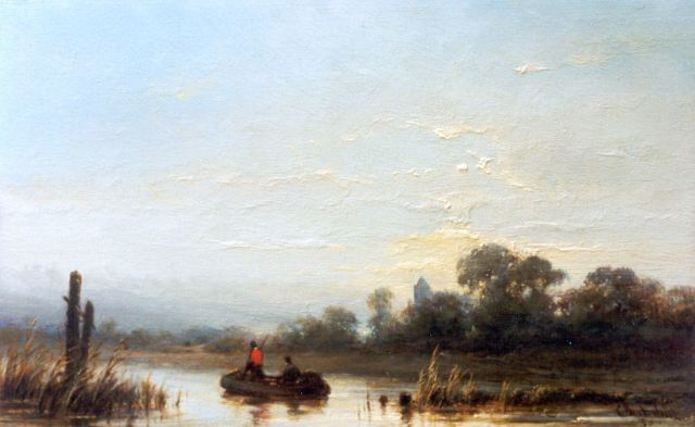 Westerbeek C.  | A river landscape with anglers in a boat, oil on panel 15.6 x 25.1 cm, signed l.r. and dated '80