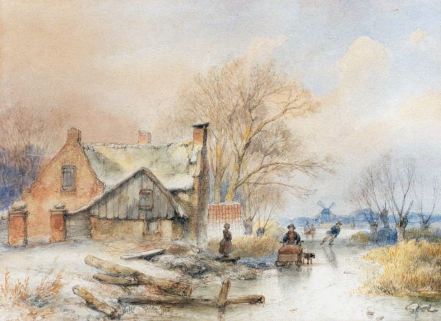 Schelfhout A.  | A winter landscape with skaters on a frozen waterway, watercolour on paper 21.5 x 29.0 cm, signed l.l.