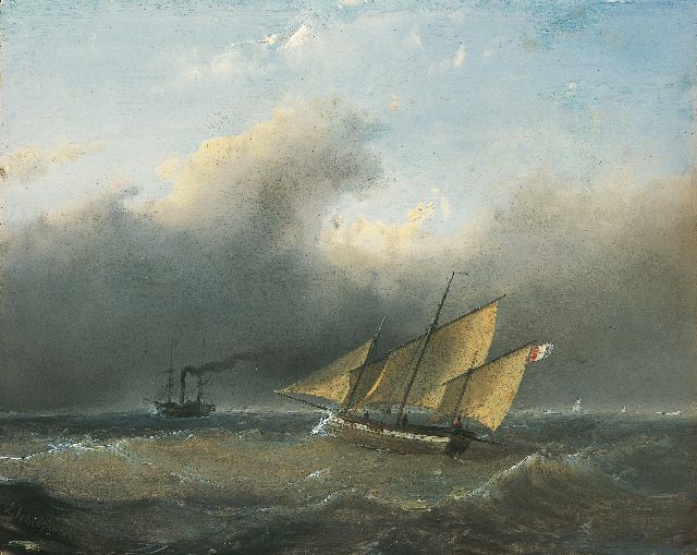 Schelfhout A.  | Shipping on choppy waters, oil on panel 21.2 x 26.6 cm, signed l.l.