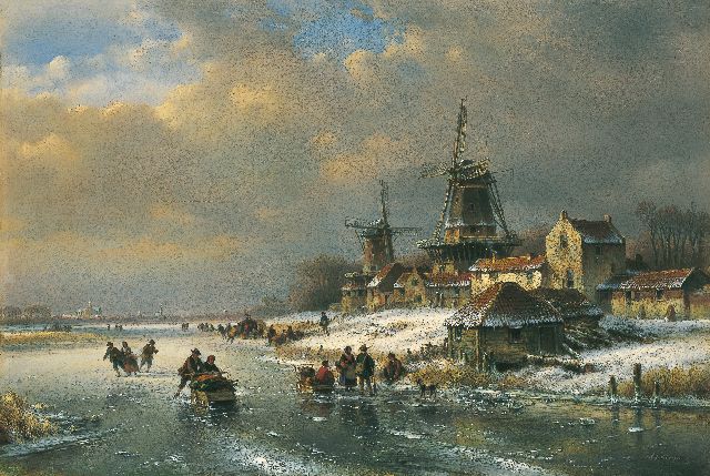 Lodewijk Johannes Kleijn | A winter landscape with figures conversing on the ice, oil on panel, 49.2 x 73.0 cm, signed l.r.