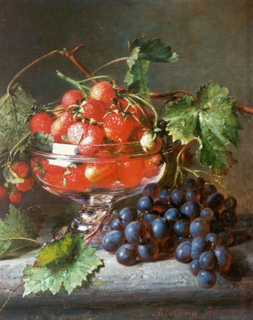 Haanen A.J.  | A still life with strawberries and grapes, oil on panel 36.0 x 28.7 cm, signed l.r.