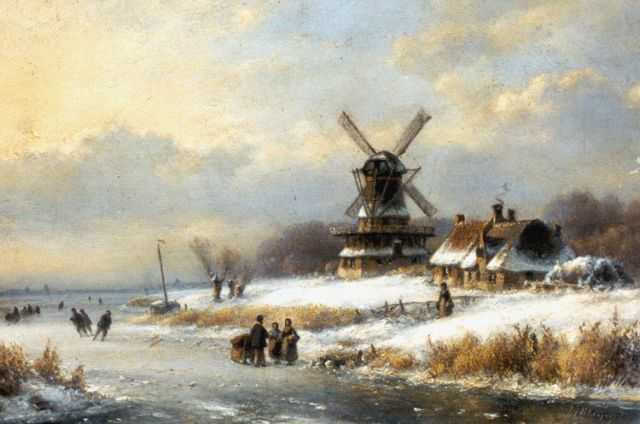 Kleijn L.J.  | Skaters on a frozen waterway, oil on panel 22.5 x 33.2 cm, signed l.r.