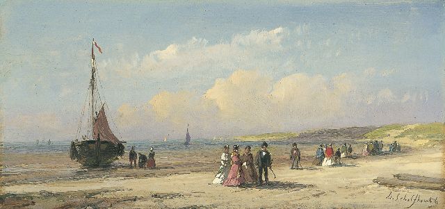 Andreas Schelfhout | Elegant figures on the beach, oil on panel, 10.3 x 21.6 cm, signed l.r. and executed mid-fifties