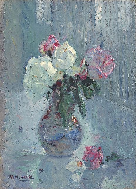 Niekerk M.J.  | A still life with roses, oil on canvas laid down on painter's board 33.3 x 24.5 cm, signed l.l.