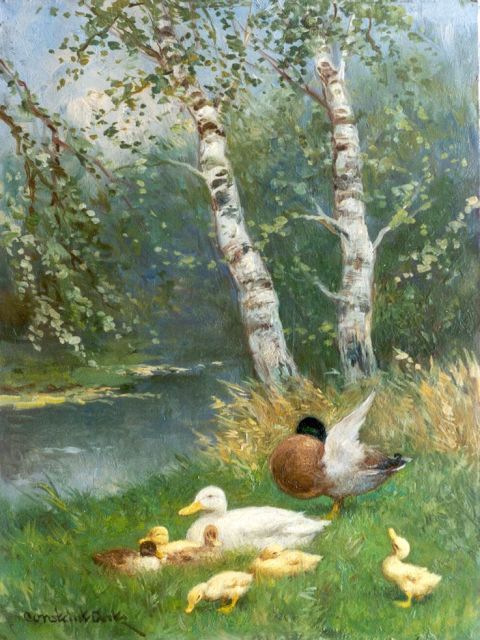 Constant Artz | Duck with ducklings on the riverbank, oil on panel, 24.0 x 18.0 cm, signed l.l.