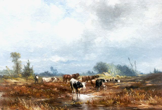 Prooijen A.J. van | Heathland with shepherds and flock, oil on panel 19.7 x 28.5 cm, signed l.l.