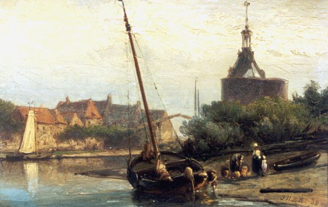 Jan H.B. Koekkoek | View of Enkhuizen, with the 'Drommedaris' beyond, oil on panel, 10.9 x 16.4 cm, signed l.r. with initials and dated '80