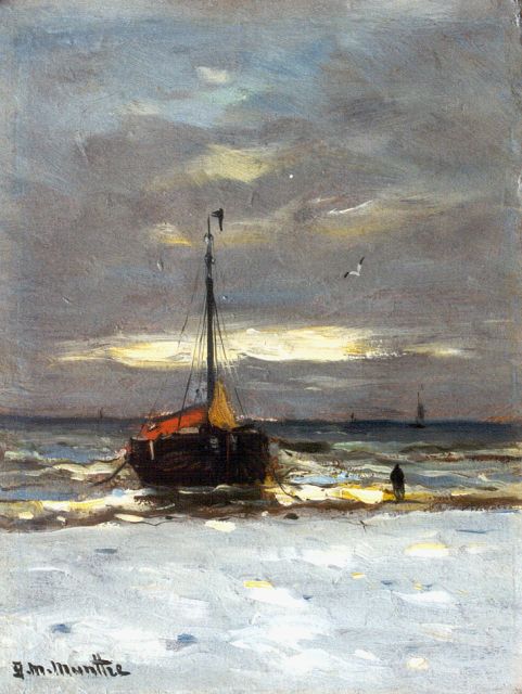 Morgenstjerne Munthe | A 'bomschuit' on the beach, 20.9 x 15.8 cm, signed l.l.