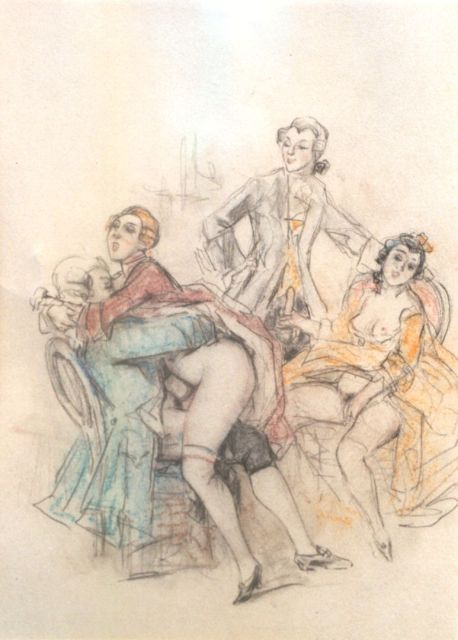 Poulton T.L.  | Réunion mondaine   monogamous     Monogamous party, coloured pencil on paper 21.5 x 18.0 cm