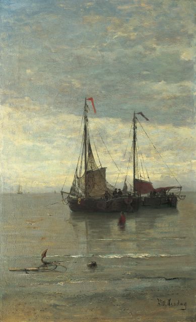 Hendrik Willem Mesdag | Anchored 'bomschuiten', oil on canvas, 78.7 x 48.3 cm, signed l.r.