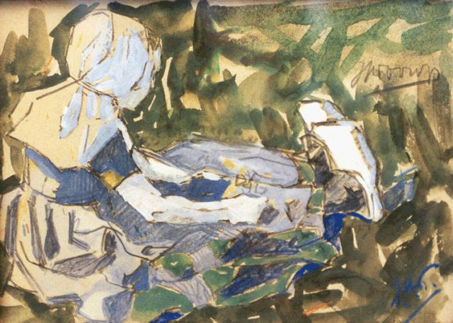 Toorop J.Th.  | A girl from Zeeland, chalk, watercolour and gouache on paper 12.0 x 16.3 cm, signed l.r. with monogram and u.r.