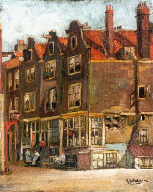 Staller G.J.  | Houses in Amsterdam, oil on canvas laid down on painter's board 22.9 x 18.2 cm, signed l.r.