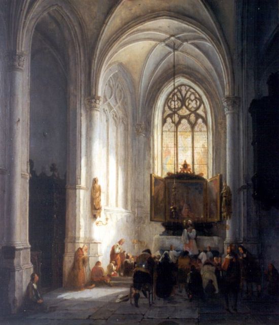 Bernardus van de Laar | Attending mass, oil on panel, 49.5 x 42.4 cm, signed l.r. and dated 1836