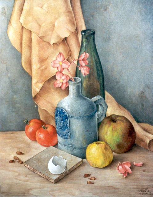 Louis Schrikkel | A still life with a jug and apples, oil on canvas, 50.0 x 40.2 cm, signed l.r. and on the reverse and dated 1942
