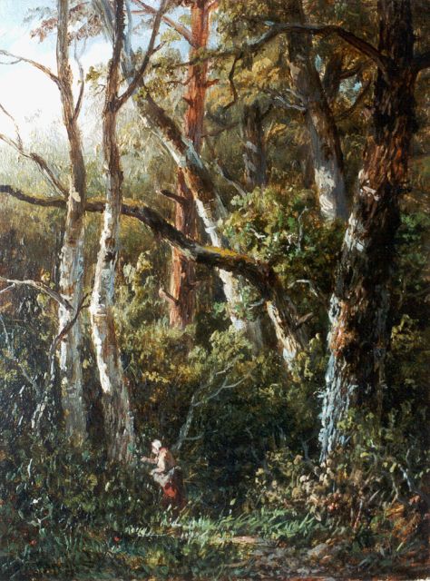Wijngaerdt A.J. van | Picking berries in a wooded landscape, oil on panel 15.2 x 10.9 cm