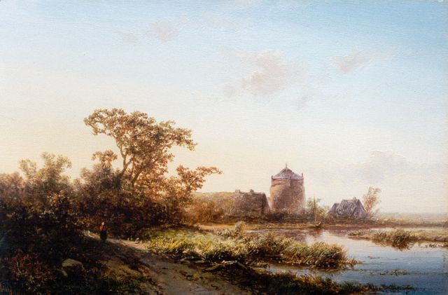 Pieter Kluyver | A river landscape at sunset, oil on panel, 18.0 x 27.4 cm, signed l.l.