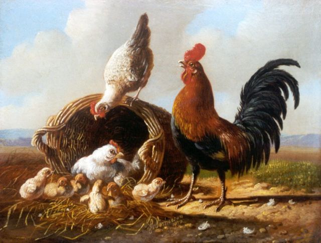 Albertus Verhoesen | A rooster, hen and chicks, oil on panel, 13.5 x 17.1 cm, signed l.c. and dated 1872