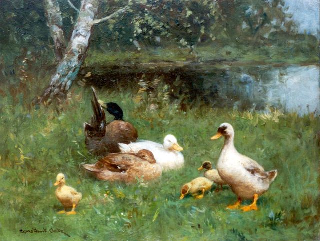 Constant Artz | Ducks on the riverbank, oil on panel, 18.1 x 23.8 cm, signed l.l.