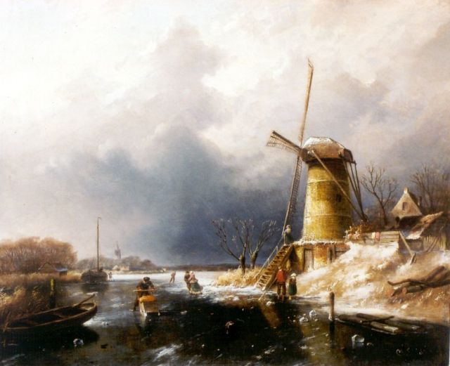 Leickert C.H.J.  | Skaters on a frozen waterway, oil on panel 37.1 x 44.9 cm, signed l.r.