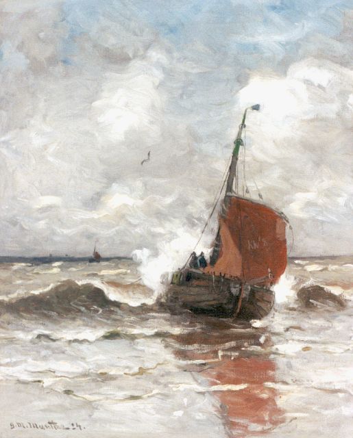 Morgenstjerne Munthe | A 'bomschuit' in the surf, oil on canvas, 50.5 x 41.0 cm, signed l.l. and dated '24