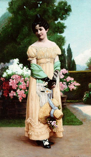 Böhm F.J.E.  | An elegant lady in a garden, oil on panel 46.0 x 27.2 cm, signed l.r.