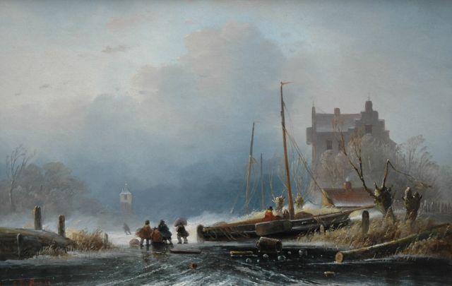 Cornelis Petrus 't Hoen | A winter landscape with an iced flatboat, oil on panel, 28.1 x 43.5 cm, signed l.l. and dated '50