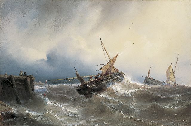 Meijer J.H.L.  | Sailing vessels off the coast in stormy waters, oil on canvas 43.0 x 64.9 cm, signed l.l. and dated 1845