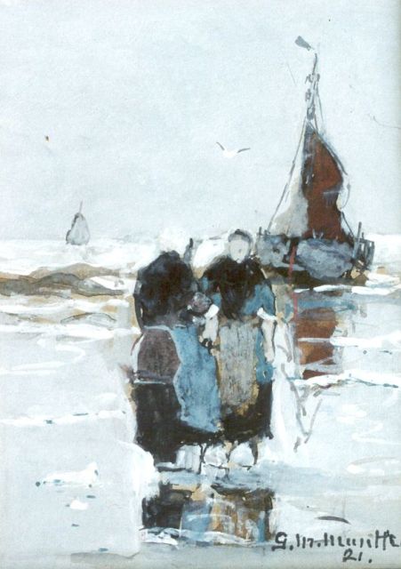 Morgenstjerne Munthe | Fisherfolk on the beach, watercolour on paper, 13.0 x 10.0 cm, signed l.r. and dated '21