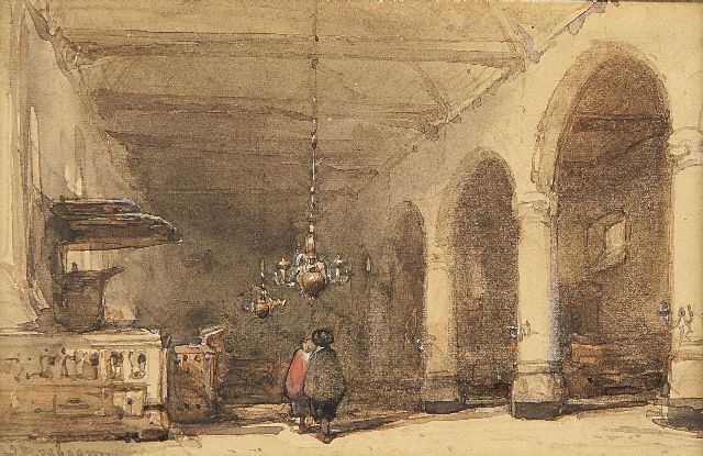 Bosboom J.  | the Bakenesserkerk, Haarlem, with pulpit, watercolour on paper 9.0 x 13.8 cm, signed l.l.