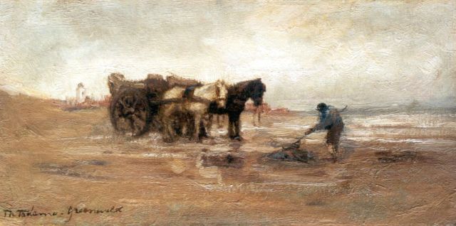 Tadama-Groeneveld T.H.B.J.  | Shell-fisher on the beach, Katwijk, oil on canvas 16.0 x 31.9 cm, signed l.l.