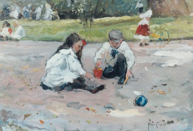 August van Voorden | Children playing in a parc, oil on board, 22.5 x 32.5 cm, signed l.r. with initials