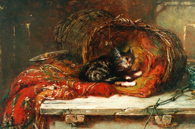 Vos M.  | A still life with a cat, oil on panel 22.8 x 30.4 cm